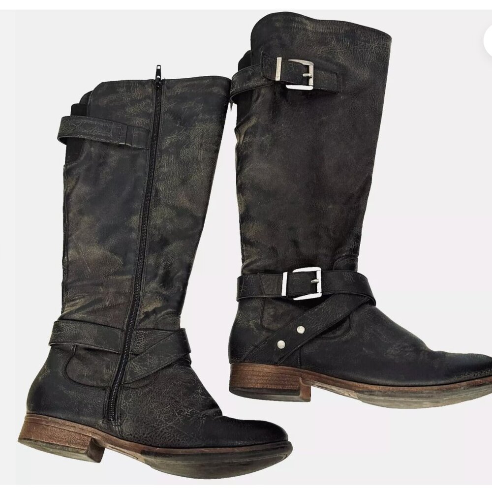 Crown Vintage Tall Bobbie Dark Gray Motorcycle Boots Buckles Side Zip Womens 8M